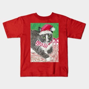 Tuxedo cat with Santa hat Kids T-Shirt